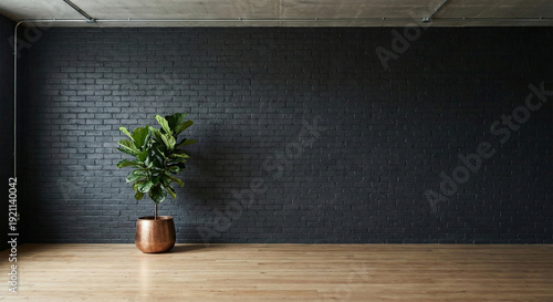 Lush green plant in brown pot on wooden floor against dark gray brick wall in minimalist room with natural light