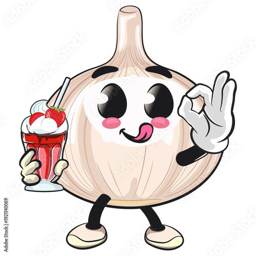 cute garlic mascot character, isolated vector illustration brought a milk shake, work of hand drawn
