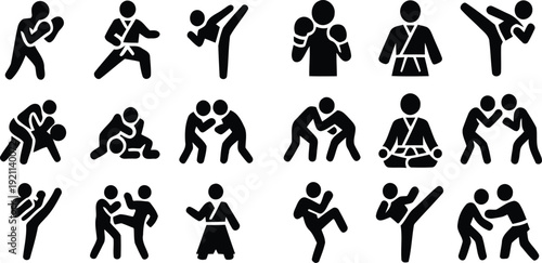 Martial arts techniques and poses silhouette collection