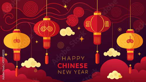 Vibrant red lanterns illuminate the night sky during the chinese new year celebration Vector