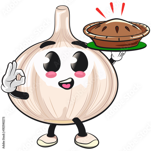 cute garlic mascot character bring delicious pie, isolated vector illustration, work of hand drawn