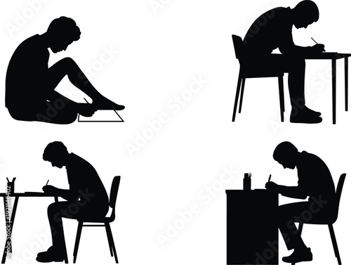 Student studying silhouette collection illustration, boy writing at desk set, education activity concept vector, isolated white background