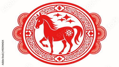 A majestic red horse with a golden mane and tail in a circular emblem with a red border Vector
