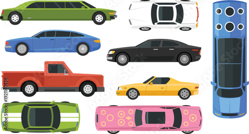 Side and top view car collection illustration, colorful vehicle assortment set, flat automobile design, isolated white background