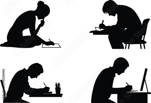 Student studying silhouette set illustration, boy and girl writing at desk, education activity concept vector, isolated white background