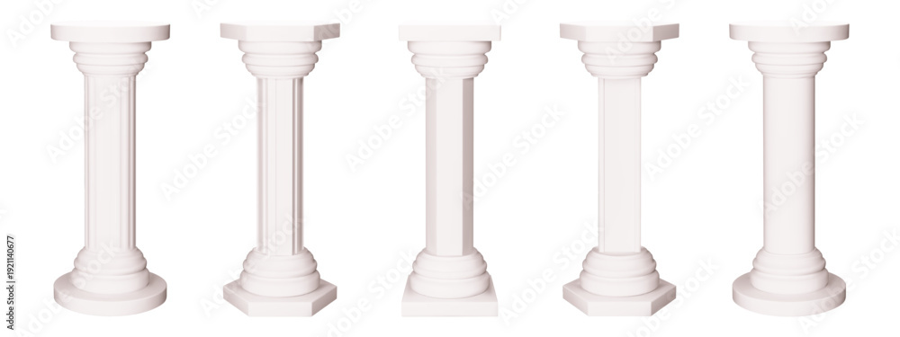 Fototapeta premium Pillar marble plinth and concrete column. White cylinder base for building. Ancient greek hexagon stone podium with realistic texture 3d render. Isolated vector for museum art exhibition interior.