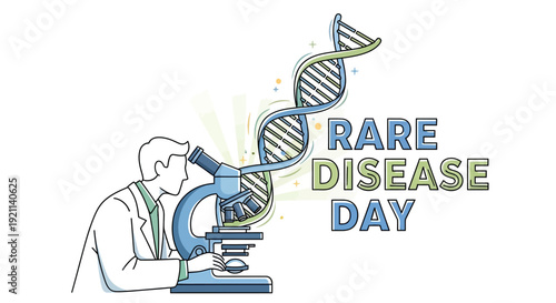 Illustration of a scientist examining a DNA strand under a microscope for Rare Disease Day, promoting Health Awareness and Medical Research with a focus on Genetic Disorders and Chronic