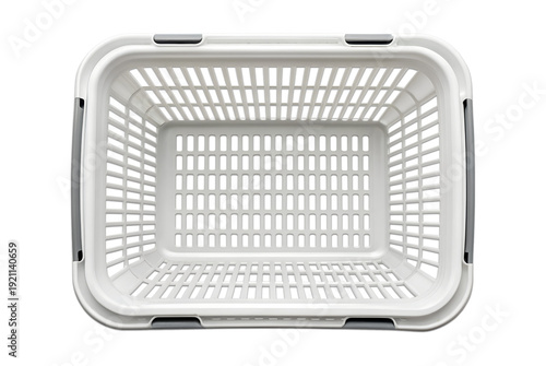 Overhead view of a vibrant white plastic shopping basket on png, shopping basket, white basket, plastic basket, store basket, supermarket basket, shopping container, retail, grocery, market, contain