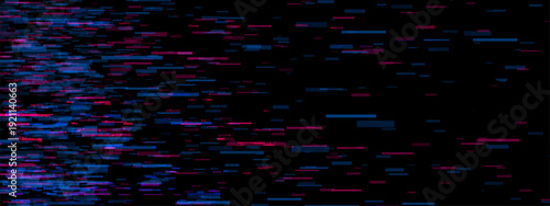 Purple glitch effect. Blue pixel texture with pink noise for computer data design. Video signal error on television. Corrupted tv filter and bug elements. Cyber flicker internet banner template.