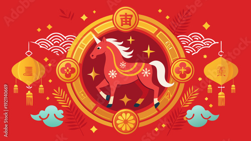 Vibrant red background with a golden horse and chinese symbols. Vector