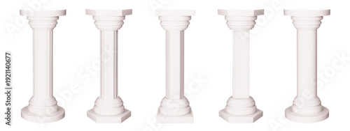Pillar marble plinth and concrete column. White cylinder base for building. Ancient greek hexagon stone podium with realistic texture 3d render. Isolated vector for museum art exhibition interior.