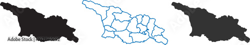 Georgia Map Vector Illustration: Detailed Silhouette, Regional Administrative Borders, and Black Graphic Outlines of the Country of Georgia Set