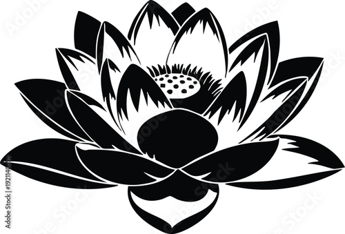 Lotus Flower Silhouette Vector - Zen Water Lily Bloom Woodcut Art Illustration