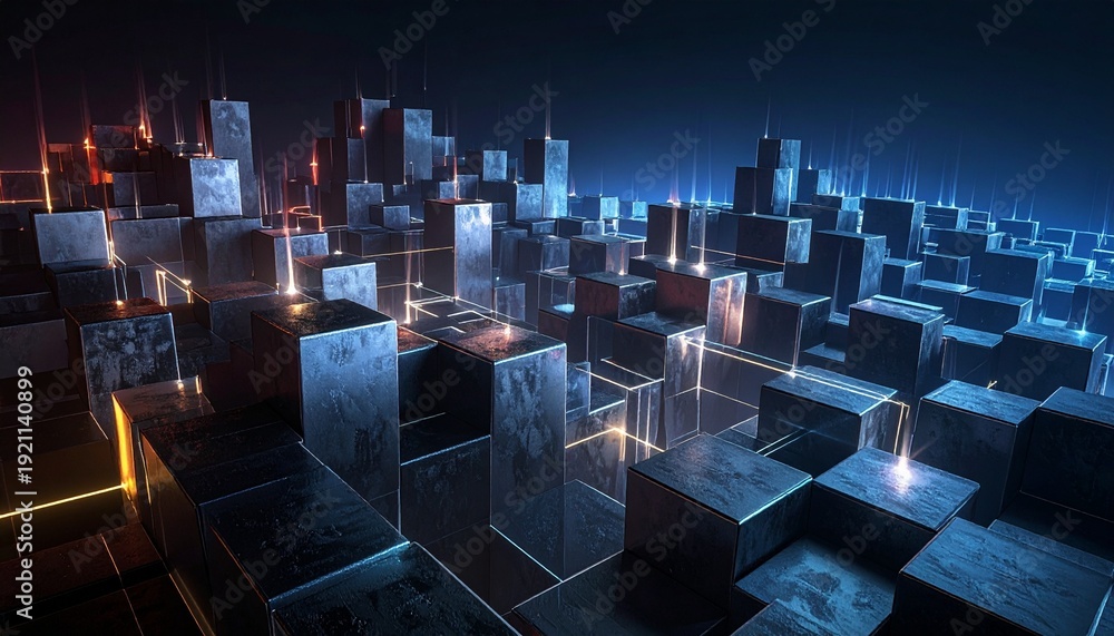 Obraz premium Abstract Cubic Landscape Glowing Data Flow Artificial Intelligence Concept Background.