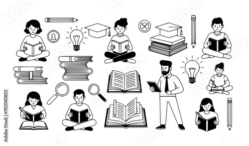 Modern Flat Black and White Vector Icons of People Reading and Educational Items
