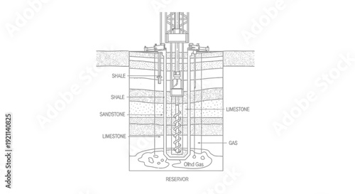 Detailed diagram of a wellbore drilling through geological strata to extract oil and gas from a reservoir.