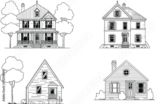 Vintage house exterior line art illustration, classic residential home facade set, architectural building design collection, isolated white background