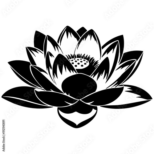 Lotus Flower Silhouette Vector - Zen Water Lily Bloom Woodcut Art Illustration