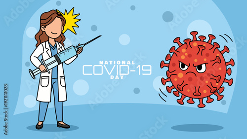 Illustration of a Healthcare Hero Steadfastly Facing the COVID-19 Virus with a Large Vaccine Syringe: Celebrating Global Resilience on National COVID-19 Day, March 11th in Stylized Cartoon Art.