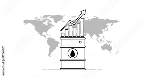 Global oil price increase and market growth concept with barrel and rising graph on world map background.