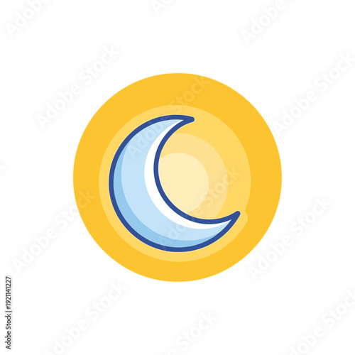 Stylized crescent moon within a glowing yellow circle, representing nighttime