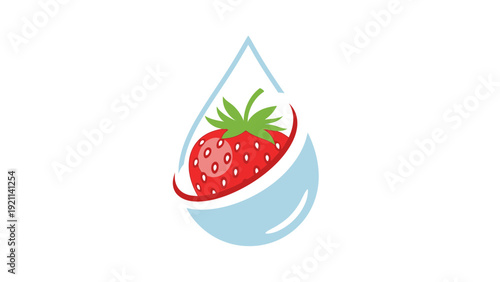Stylized strawberry inside a light blue water drop icon representing freshness and natural flavor