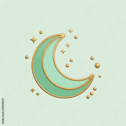 A charming mint green crescent moon adorned with golden stars and celestial orbs isolated on a soft pastel background.