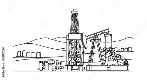 Line art illustration of an oil drilling rig and a pumpjack operating in an oil field with hills and storage tanks in the background.