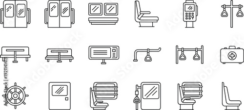 Public transport interior outline icon set with seats doors handrails ticket machines lighting and safety equipment for subway bus and train design interfaces