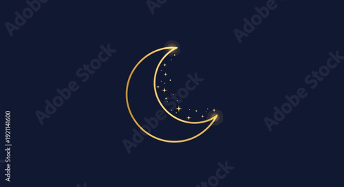 Golden Crescent Moon With Twinkling Stars Isolated on Dark Blue Night Sky Background