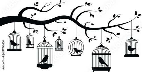 Birdcage silhouette vector, tree branch, hanging cages, birds inside, artistic design, freedom concept, abstract illustration, decorative nature, black graphic