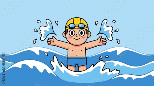 Happy child in yellow cap and goggles swimming and splashing in blue water