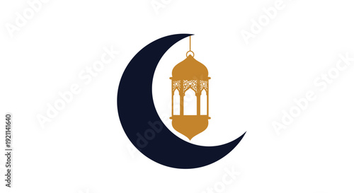 Islamic Ramadan lantern hanging on a dark crescent moon, representing religious tradition and celebration.