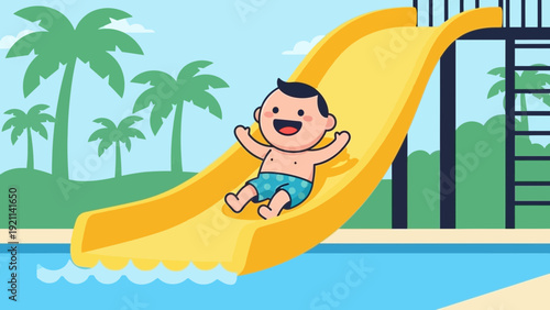 Joyful child happily sliding down a yellow water slide at a summer waterpark