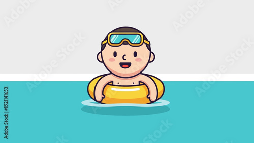 Joyful child with swim goggles and float in a bright blue swimming pool, enjoying a summer day.