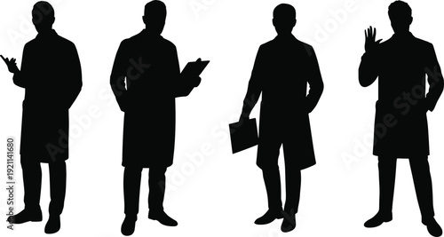 Silhouettes of male doctors with clipboard and medical files isolated on white background, healthcare profession and hospital staff concept