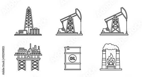 Line art icons depicting oil drilling rigs, pumpjacks, offshore platforms, oil barrels, and a fireplace representing energy.