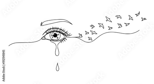 Minimal Eye Shedding Tear Becoming Birds Symbolic Illustration of Emotional Release and Renewal