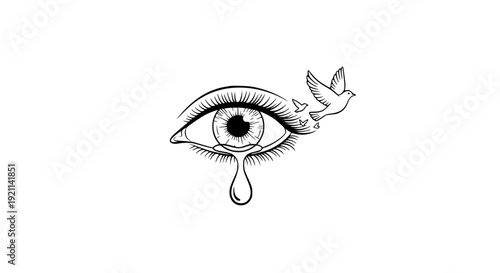 Single Eye with Tear Transforming into Flying Bird Minimal Line Art Vector Symbol of Hope and Healing