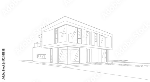Architectural line drawing of a modern two-story house with large windows and a flat roof design.