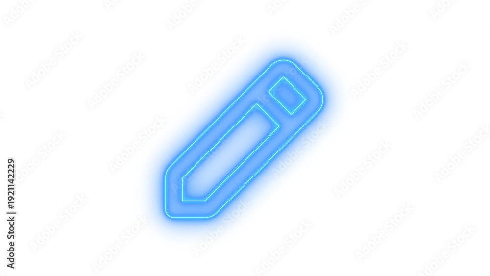Obraz premium Vibrant blue neon pencil icon, glowing with modern digital art style, representing creativity, education, and user interface editing functions, isolated on transparent background.