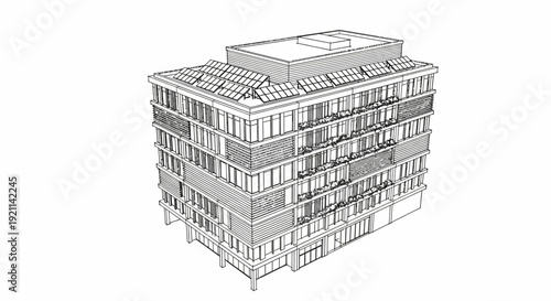 Grayscale architectural rendering of a modern multi-story building with solar panels on the roof and balconies.