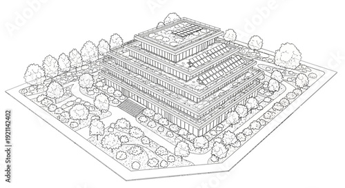 Architectural line drawing of a modern stepped building with terraced levels and surrounding trees.