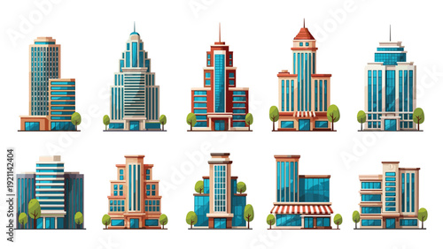 Diverse collection of ten high rise office buildings and skyscrapers with colorful facades and green trees for urban design.