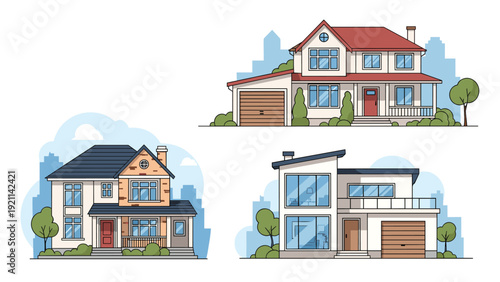 Set of three beautiful residential houses including a classic two story home a brick cottage and a modern villa design.