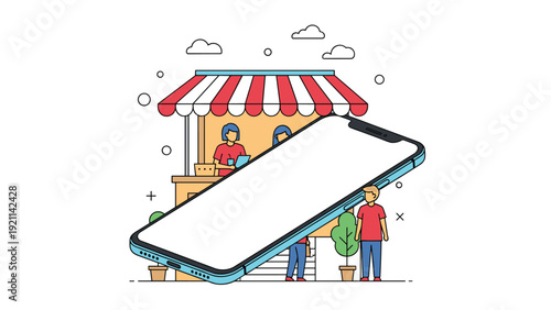 Conceptual illustration of a giant smartphone leaning against a small market stall with customers for online shopping.