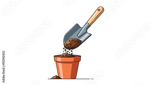 Gardener uses a metal hand trowel to fill a terracotta clay flower pot with rich brown soil for planting flowers at home.
