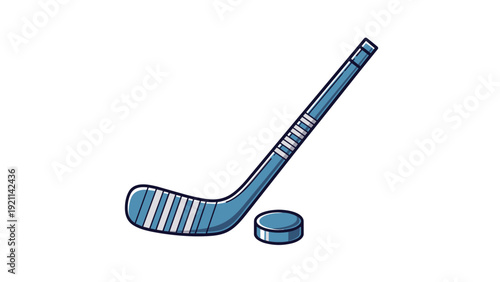 Simple vector illustration of a blue professional ice hockey stick next to a black puck isolated on a white background.