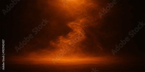 A dramatic close up of fire in the fireplace glows with beautiful orange light and abstract sun colors like a summer sunset against a dark cloudy sky