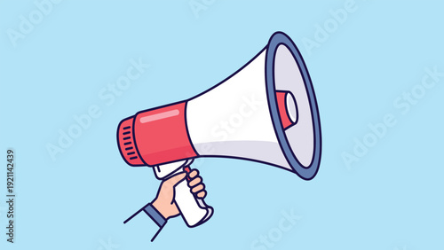 Hand holding a red and white megaphone against a light blue background representing communication and marketing news.